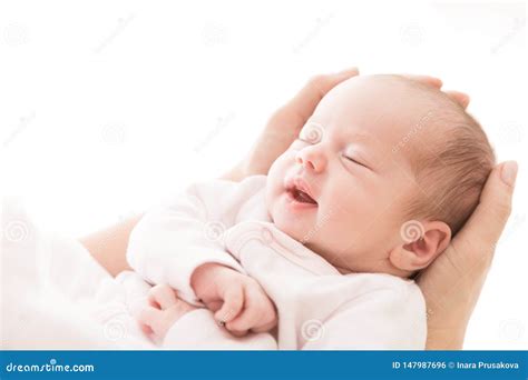 Newborn Baby Sleep on Mother Hands, New Born Girl Smiling and Sleeping ...