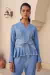 Buy Blue Tencel Embroidery Mandarin Collar French Knots Peplum Top For ...