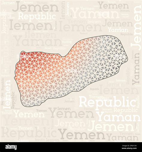 Yemen map design. Country names in different languages and map shape with geometric low poly ...