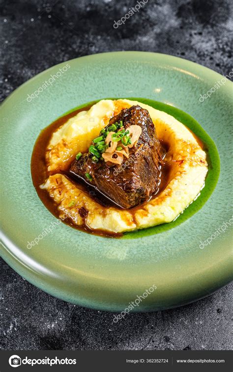 Beef Sirloin Steak Side Dish Mashed Potatoes Black Background Top Stock ...
