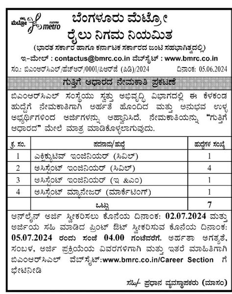 BMRCL Recruitment 2024: ನಮ್ಮ ಮೆಟ್ರೋದಲ್ಲಿ ಬಂಪರ್ ಉದ್ಯೋಗವಕಾಶಗಳು!