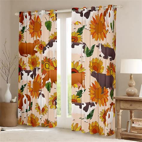 Buy Cartoon Highland Cow Blackout Curtains,Kids Sunflower Cattle Window ...