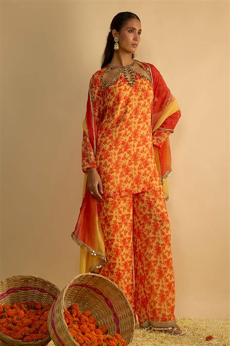 Yellow and Orange Floral Printed Hand Embroidered Short Kurta Set in G