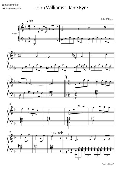 ★John Williams - Jane Eyre ピアノ譜pdf- 香港ポップピアノ協会 無料PDF楽譜ダウンロード gakufu