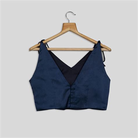 Navy Blue Satin Spaghetti Tie Up Blouse – Fabcurate