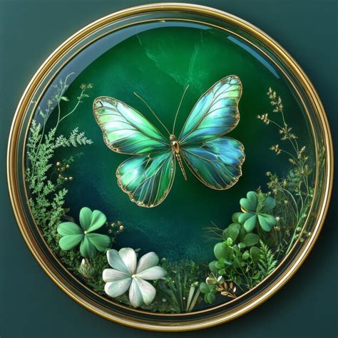 Elegant green butterfly framed in gold with surrounding clover leaves ...