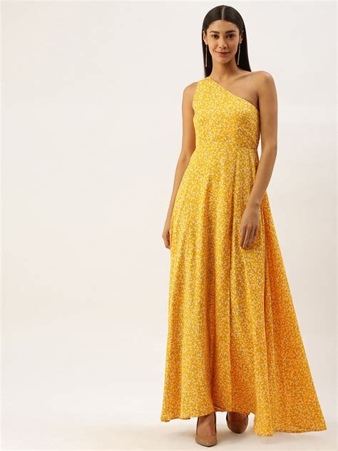 Berrylush Women Yellow Floral Print One Shoulder Maxi Dress