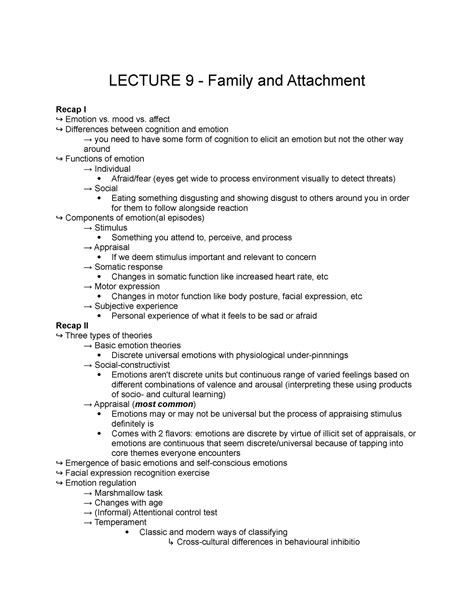 Lecture 9 - LECTURE 9 - Family and Attachment Recap I ↪ Emotion vs ...