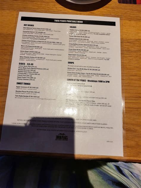 Menu at Twin Peaks pub & bar, Beavercreek