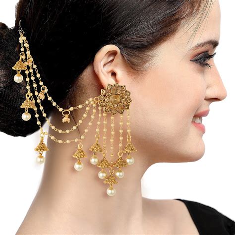 Sukkhi Bahubali Pearl Jhumka Earring With Ear Chain for women - Sukkhi.com