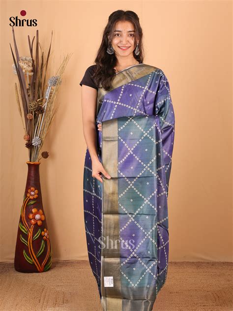 Purple & Green - Printed Tussar Saree