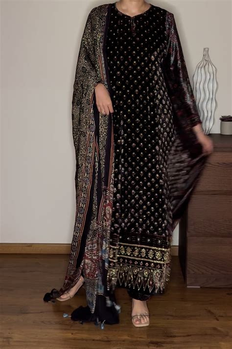 Ajrakh hand block printed velvet silk panel line salwar set with cutbe ...