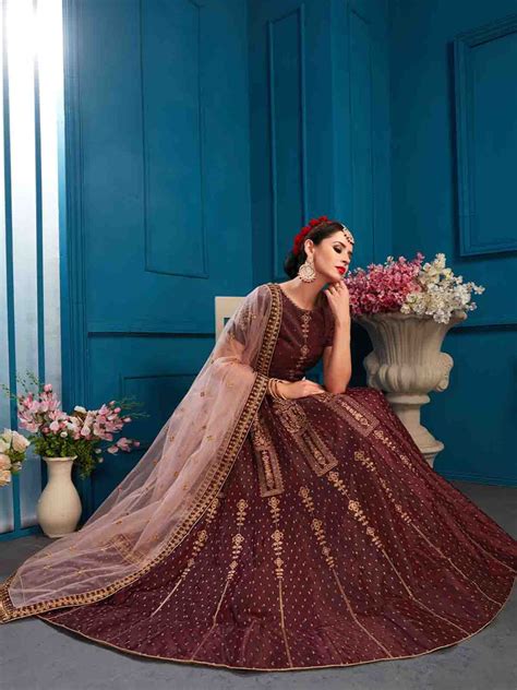 Brown Designer Satin Semi Stitched Lehenga With Unstitched B