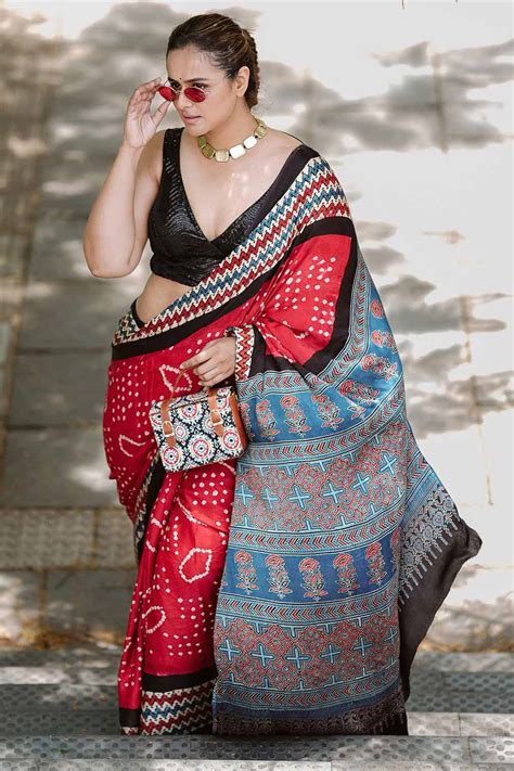 Ajrakh Modal Bandhani Red & Blue saree – Byhand