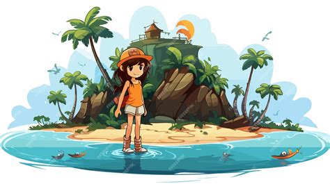 Niña serena en la isla Ilustración de dibujos animados vectoriales | Vector Premium generado con IA