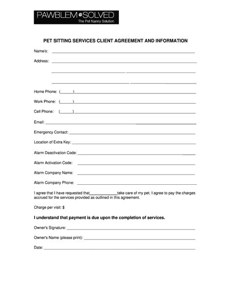 Fillable Online PET SITTING SERVICES CLIENT AGREEMENT AND INFORMATION ...