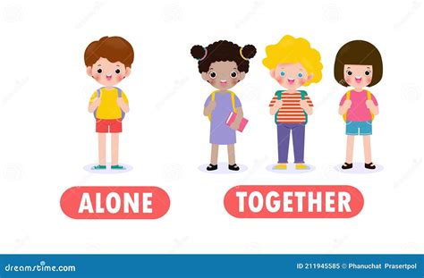Opposite Alone and Together, Words Antonym for Children with Cartoon ...