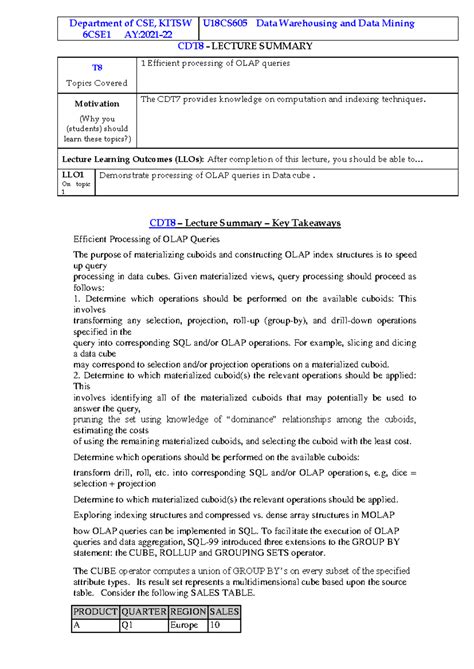 DWDM CDT8 - Lecture Summary on Efficient OLAP Query Processing - Studocu