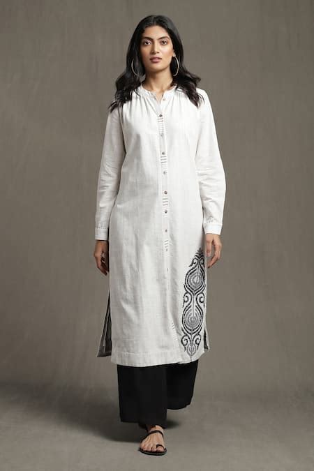 Buy White 100 % Cotton Embroidery Thread Band Collar Placement Kurta ...
