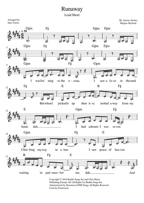 Runaway (arr. Inna Tsaran) by Aurora Sheet Music for Piano Chords ...