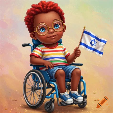 Cartoon child in wheelchair holding Israeli flag on Craiyon