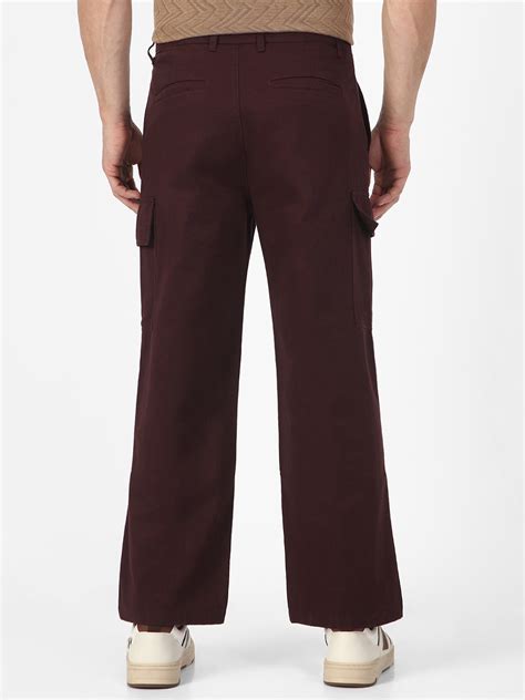Men's Maroon Loose Baggy Fit Solid Cargo Chino Pant with 6 Pockets Non ...