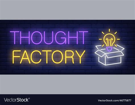 Thought factory neon text with light bulb and open