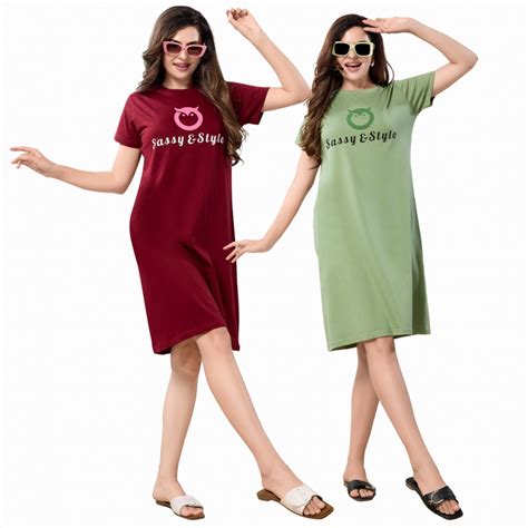 Women's Solid Printed Casual Relaxed Cotton Knee Length Regular Fit Ni ...