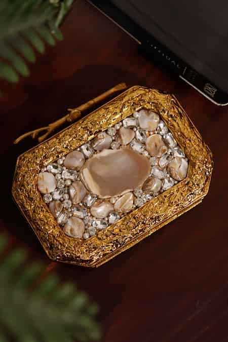 Buy Gold Crystals, Stones Burj Mother Of Pearls Embellished Clutch by ...