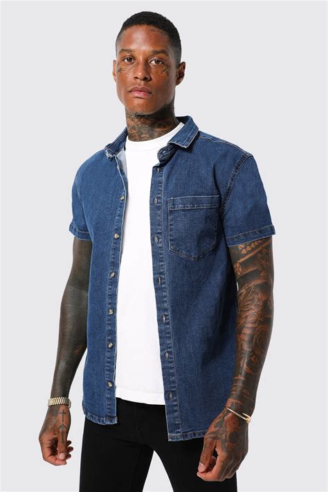Short Sleeve Muscle Fit Denim Shirt | Fitted denim shirt, Short sleeve ...