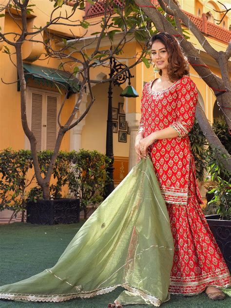 Divena Red Cotton Dabu Printed Kurta Sharara Set with Kota Doria Dupat ...