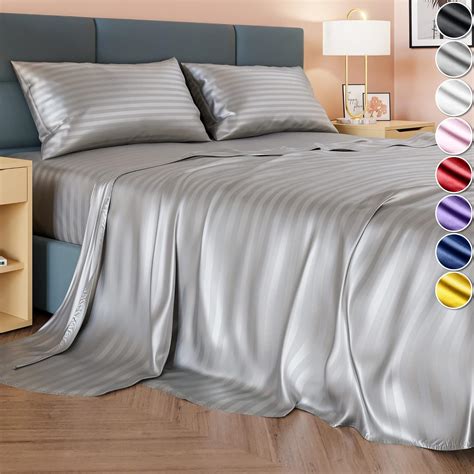 DECOLURE Striped Satin Sheet Queen Set 4pcs - Luxurious Silk Feel ...