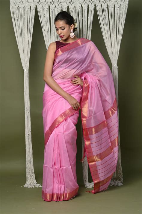 Buy Handloom Cotton Silk Saree With Sleek Golden Border~ rose pink ...