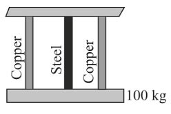 A heavy plank of mass 100 kg hangs on three vertical wires of equal ...