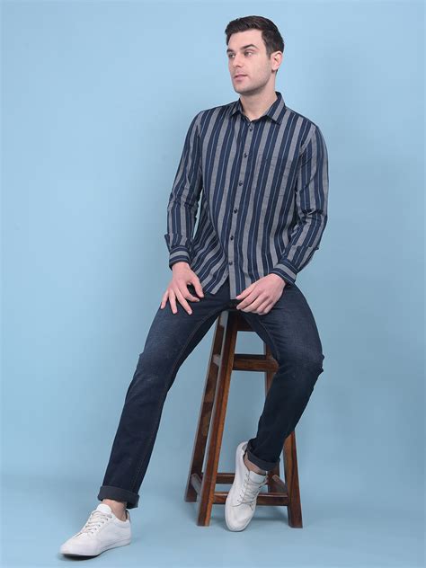 Navy Blue Vertical Striped 100% Cotton Shirt – Crimsoune Club