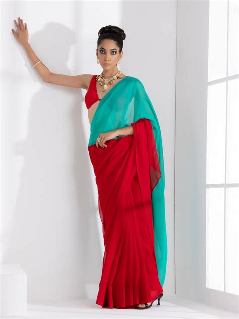 Red and Carribean Triangle Georgette Saree with Red Posh Blouse Fabric ...