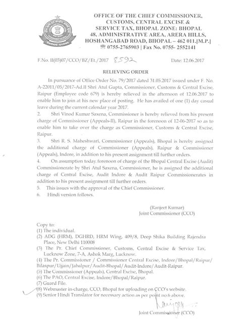 Chief Commissioner Customs, Central Excise & Central GST, Bhopal Zone ...