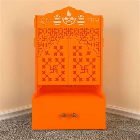 Bhagwa Wooden Floor Pooja Mandir with Laser-Cut Om & Shubh Labh Motif