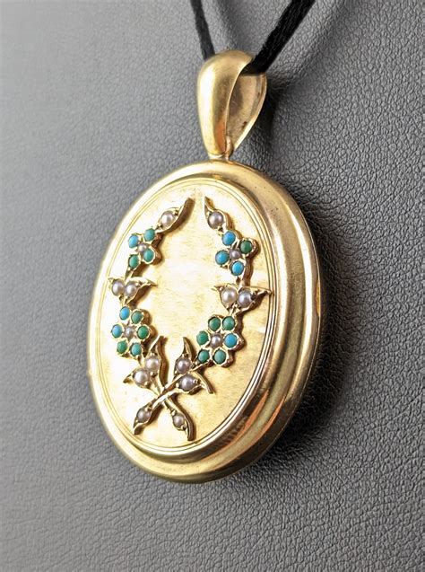 Antique 15k Gold Locket, Turquoise and Pearl, Portrait, Forget Me Not at 1stDibs | stella may ...