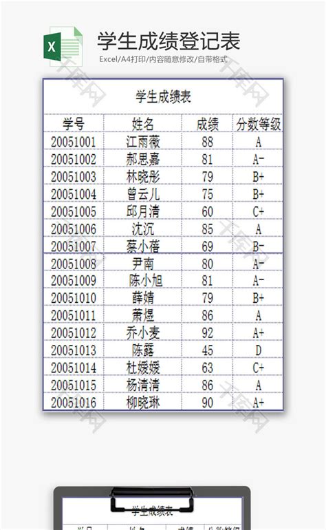 学校管理学生成绩登记表Excel模板_千库网(excelID：83937)