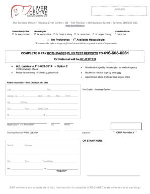 Toronto Western Hospital Liver Centre Referral Form - Blank Fillable ...