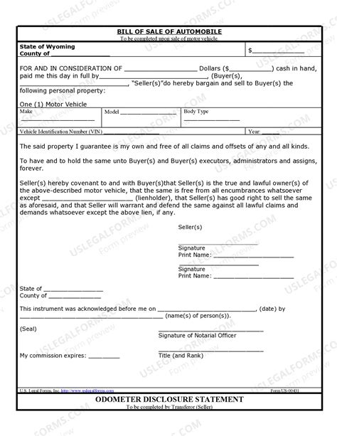 Wyoming Bill of Sale of Automobile and Odometer Statement | US Legal Forms