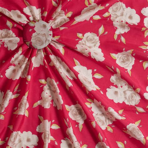 (Per Cut -3 meter) Red Off White Floral Table Print Viscose Muslin Fab ...