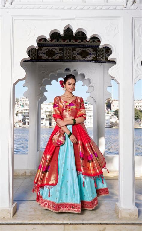 Glamorous Sky Blue And Red Jacquard Silk Paithani Silk Lehenga – The ...