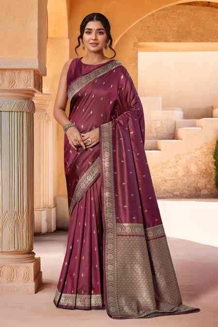 Buy Maroon Brocade, Silk Zari Boat Neck Flora Woven Saree With Blouse ...