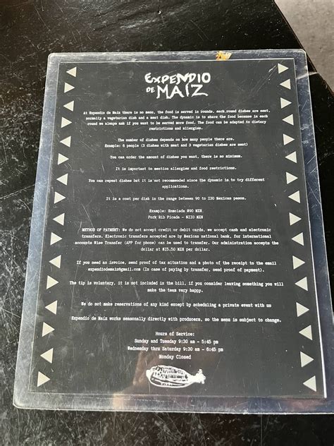 Menu at Expendio de Maiz Sin Nombre restaurant, Mexico City