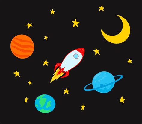 Cute hand drawing by kid about rocket in space | Premium Vector