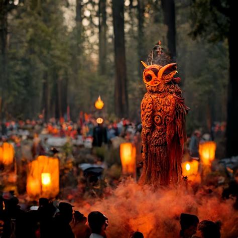 8k wide shot of a traditional Bohemian Grove ceremony, a 20 foot tall ...