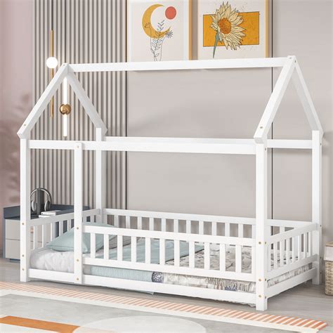 Twin Size Floor Bed with Roof for Kids, Montessori Bed with Fence ...