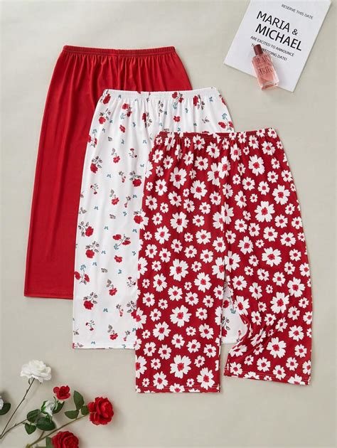 3pcs/Set Solid Color, Daisy, Rose Floral Print Women Wide-Leg Lounge ...